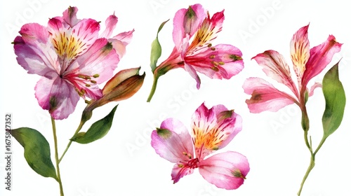 Fototapeta Naklejka Na Ścianę i Meble -  Abstract watercolor collection of alstroemeria flowers, hand-drawn illustrations with a focus on botanical beauty and elegance on white background