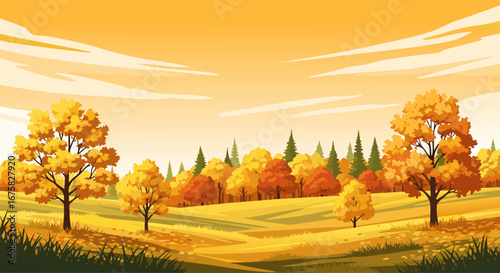 Scenic fall landscape illustration of orange trees and golden rolling hills, a beautiful cartoon autumn season background