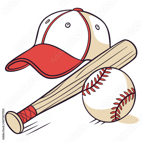 A digital illustration of baseball equipment. The image features a baseball cap, a wooden bat, and a baseball, all drawn in a simple, cartoonish style with a thick outline.