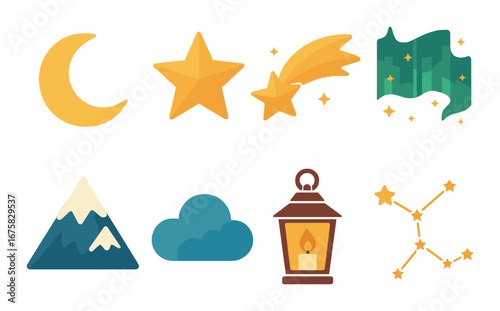 Celestial and nature icons: moon, stars, aurora, mountain, cloud, lantern, constellation