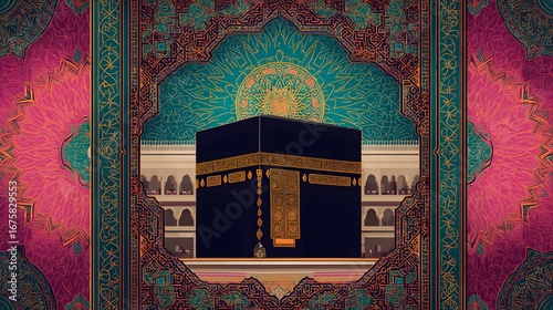 Kaaba vector framed within a decorative Islamic geometric pattern, bold colors and symmetry highlighting the holy site,