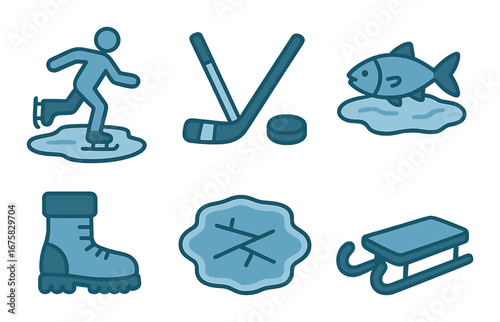 Winter sports and activities icons: skating, hockey, ice fishing, sledding, boot, snowflake