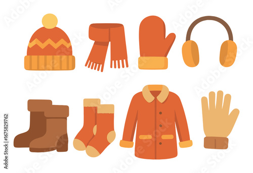 Winter clothing essentials: beanie, scarf, mittens, boots, coat, warm socks, and ear muffs illustration