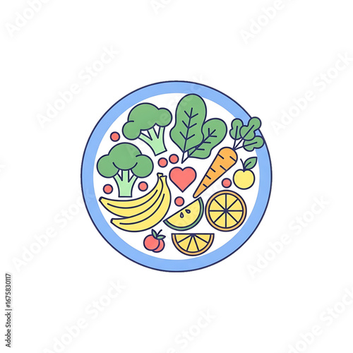 Plate of healthy food with fruits and vegetables.