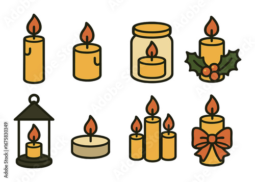 Festive candle collection with holly and bow on warm background