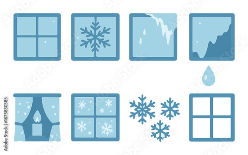 Winter window icon set featuring snowflakes and frost patterns