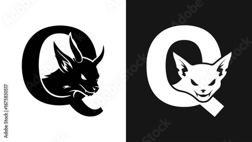 Stylized Letter Q Logo Featuring Mythical and Demonic Animal Heads in Black and White