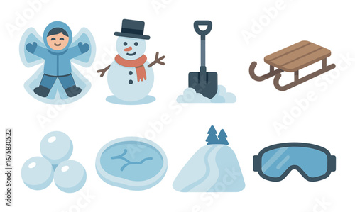 Winter activities: snow angel, snowman, sled, and ski goggles icon set