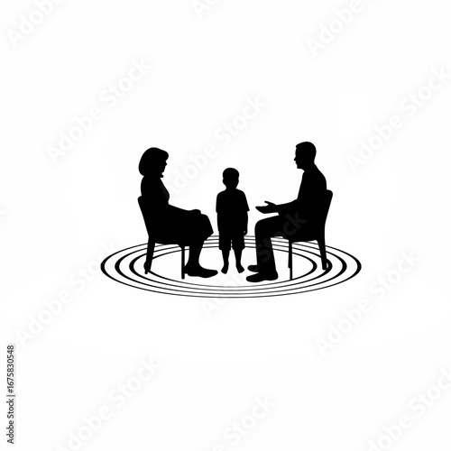 Adoption counseling session silhouette with family and counselor isolated on white background