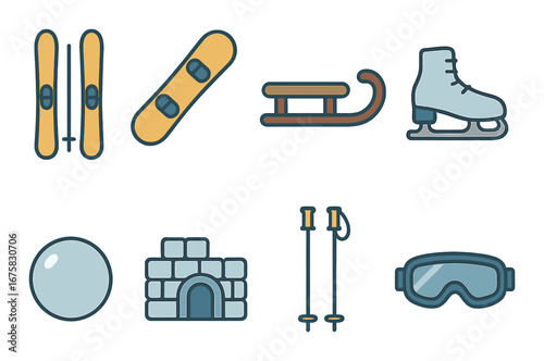 Winter sports icons featuring skiing snowboarding sledding ice skating igloo and snowball