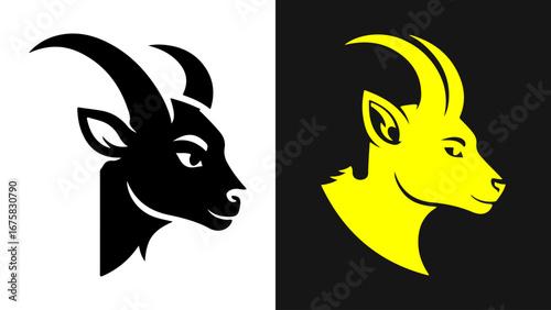 Stylized Goat Head Profile Silhouette, Black and Yellow Icon Set