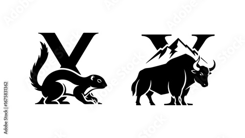 Letter X Animal Alphabet Icon Set with Xerus and Yak Silhouettes