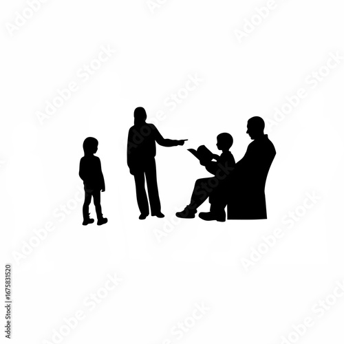 Silhouette of adoption counselor with adoptive parents and guidebook isolated on white background