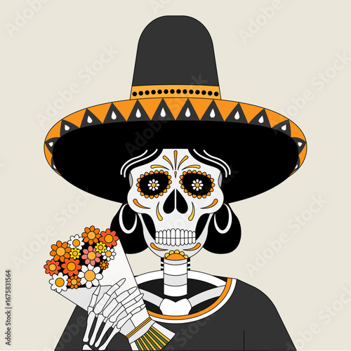 Calavera con ropa mexicana para el día de los muertos 