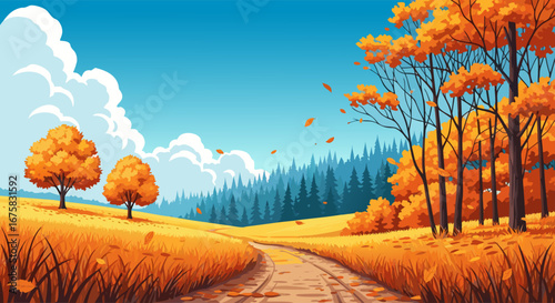Vibrant autumnal landscape illustration with a winding path through golden fields and colorful fall trees, creating a perfect natural background for any season