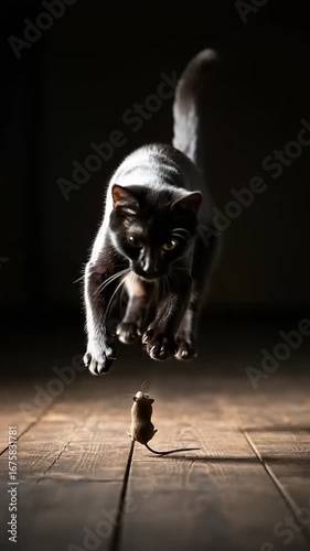 Black cat leaps towards a mouse in dim light