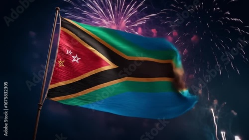 Emotive illustration of the Eswatini flag waving proudly against a backdrop of vibrant fireworks, symbolizing national pride and celebration.