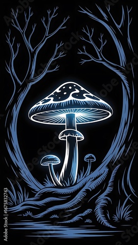 Glowing Bioluminescent Mushroom in Dark Mystical Forest, Enchanted Blue Neon Fungi Illustration with Gnarly Trees and Roots, Magic Fantasy Night Woodland Background, Vector Art Style Graphic
