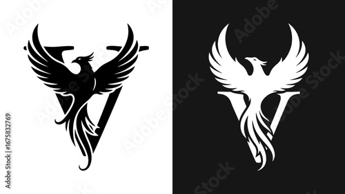 Black and White Phoenix Bird Silhouette with Spread Wings on Letter V