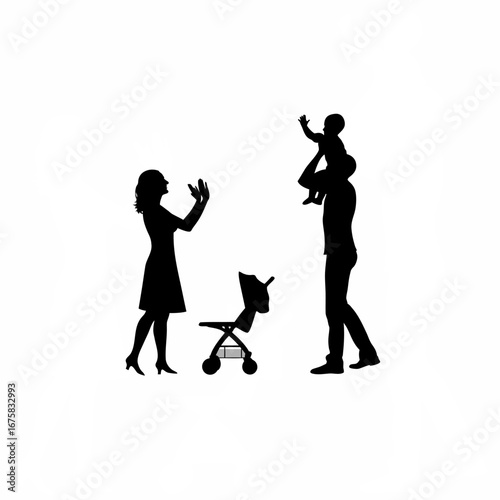 Adoption counselor clapping as parents lift baby joyfully silhouette isolated on white background