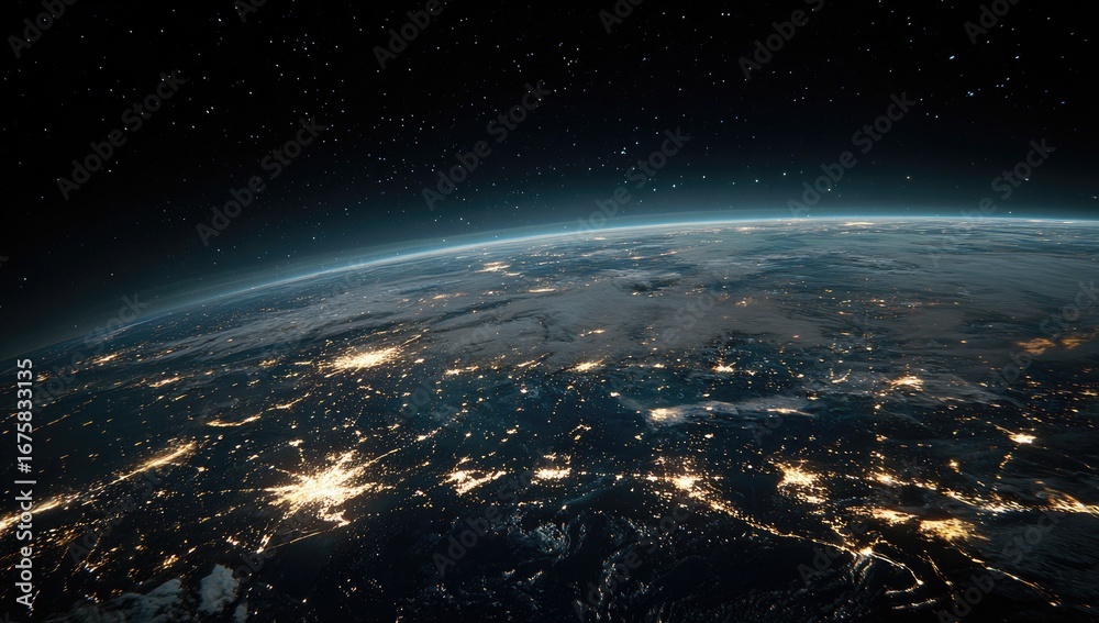 Obraz premium Earth at night, seen from space. Vast expanse of darkness speckled with luminous city lights. A band of atmosphere surrounds the globe. Stars are visible in the inky blackness