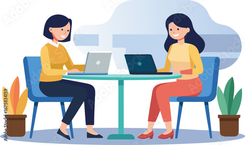 Flat design illustration of two women working on laptops at a round table. Perfect for business, teamwork, coworking, office, and remote work concepts, business woman working on laptop