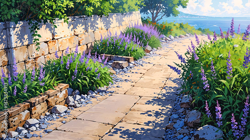 A sun-drenched stone pathway lined with purple flowers and green foliage