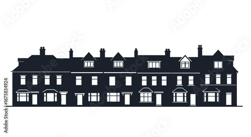Silhouette of a row of traditional terraced houses with dormer windows.
