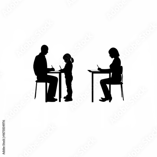 Adoption counselor with adoptive parents signing papers silhouette on white background isolated on white background