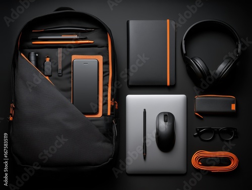 Backpack tech gadgets accessories notebook headphones desk essentials