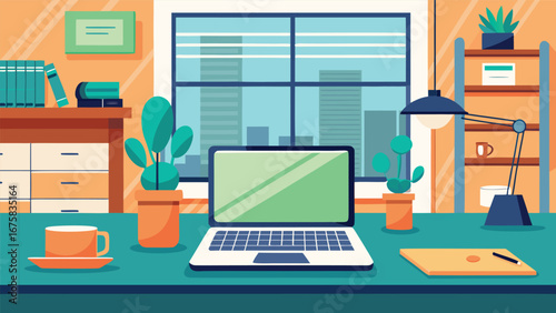  Modern workspace with a laptop, plants, books, and a cup of coffee, creating a cozy and productive environment. A perfect office setting for creativity., vector illustration of a modern office