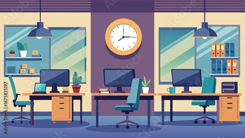 Modern office workspace with dual desks, computers, plants, and a clock on the wall. Clean, minimalistic design ideal for business and productivity themes., modern office interior