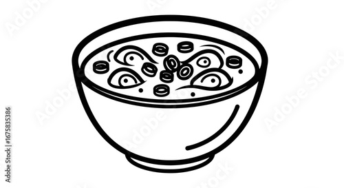 A delightful bowl of noodle soup illustration in a simple, clean, black and white style