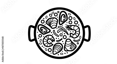 Black and white line art of a paella pan filled with seafood and rice delicacy