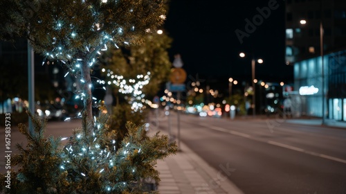 Night cityscape with illuminated trees and blurred street lights.