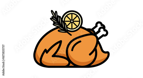 Cartoon illustration of a roasted turkey garnished with lemon and rosemary for festive dinner