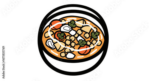 Cartoon illustration of a delicious chickpea vegetable stew in a decorative bowl