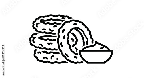 Delicious churro stack accompanied by dipping sauce in minimalist line art style