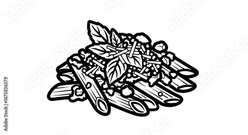 Detailed penne pasta illustration with basil and cheese topping graphic representation