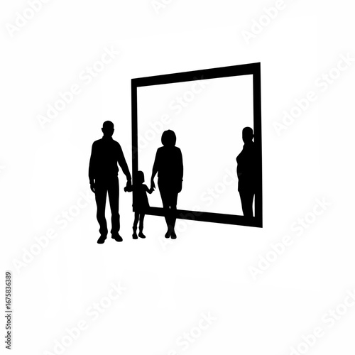 Adoption counselor with family taking first photo silhouette isolated on white background