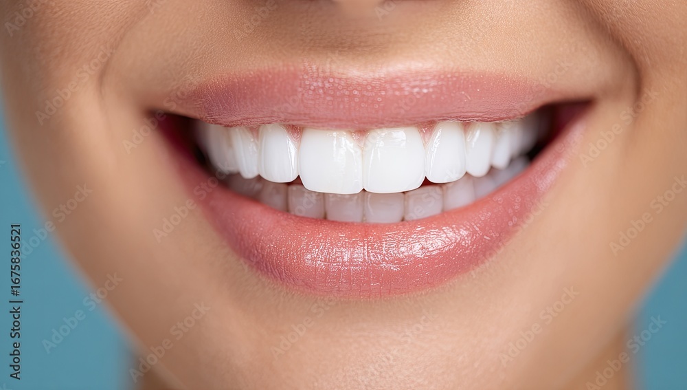 Obraz premium Close-up of a woman's smiling mouth, showcasing a bright, even smile. Healthy, pink lips frame perfectly white teeth