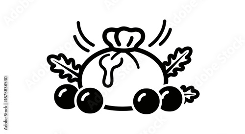 Festive Christmas Pudding Icon with Holly Berries and Decorations in Black and White simple design