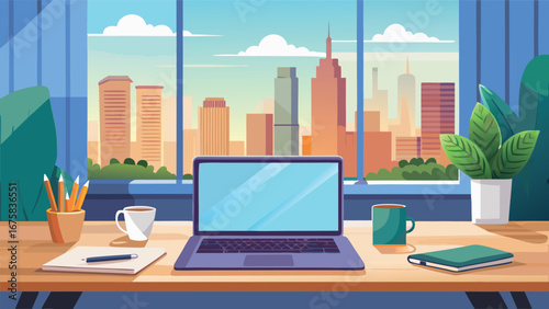 Modern office workspace with a laptop, coffee, plants, and a stunning city view. Perfect for home office, remote work, and professional lifestyle illustrations.