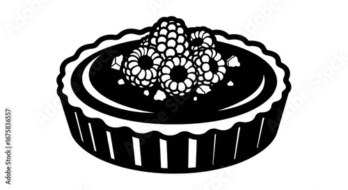 Elegant monochrome vector illustration of a raspberry tart evoking culinary delight and minimalist