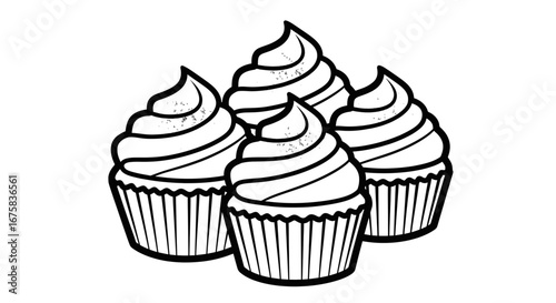 Four cupcakes with frosting illustration, outline style perfect for coloring book activity  and
