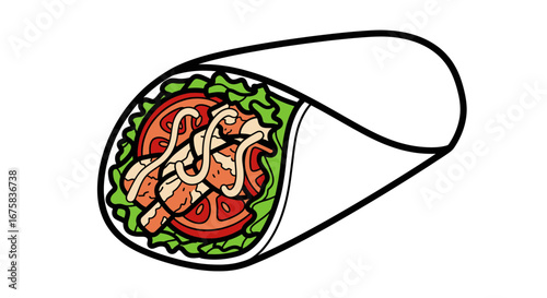 Illustration of a delicious-looking burrito wrap filled with fresh ingredients