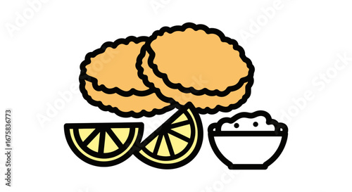 Illustration of golden fried chicken nuggets accompanied by refreshing lemon slices