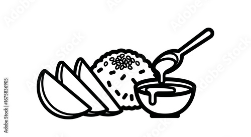 Minimalist food illustration featuring rice, mango slices and a dipping sauce bowl with spoon