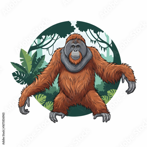 Vector Illustration of Orangutan Standing Outside Circular Rainforest Habitat