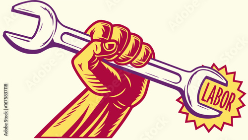 Vector illustration of strong worker hand holding wrench, flat bold style, isolated on white background Labor Day theme